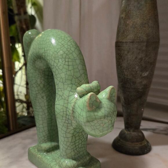 Antique Japanese Celadon Crackle Glazed Green Porcelain Cat Figurine